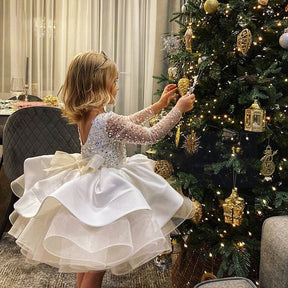 Flower Girl Bridesmaid Dresses Long Sleeve Sequins Elegant Wedding Party Dress For Girls Baby Puffy Prom Gown Children Clothes