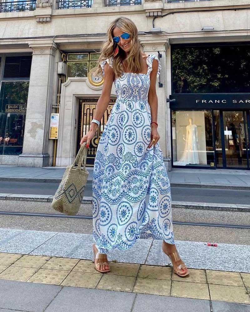 Boho Inspired Retro Eyelet Embroidered Women Dress Ruffle Square Neck Smocked bust Summer Dresses Long Boho Maix Dress new