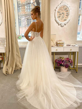 Sexy Deep V-Neck Spaghetti Strap Wedding Dress Off-Shoulder Backless Sleeveless A-Line Illusion Tulle Sweep Train Hot Sale