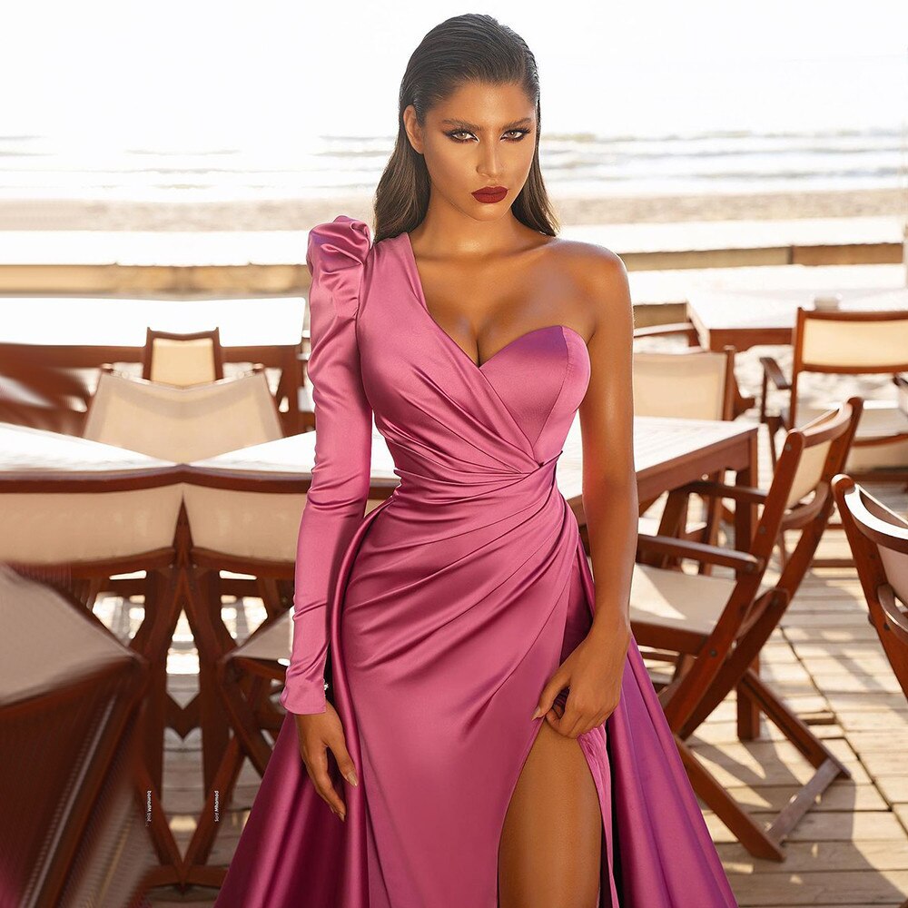 Simple Rose Pink Pleat Satin Sexy One Shouldr Evening Dresses Gowns 2022 A-Line High Split For Women Party Night Celebrity Dress