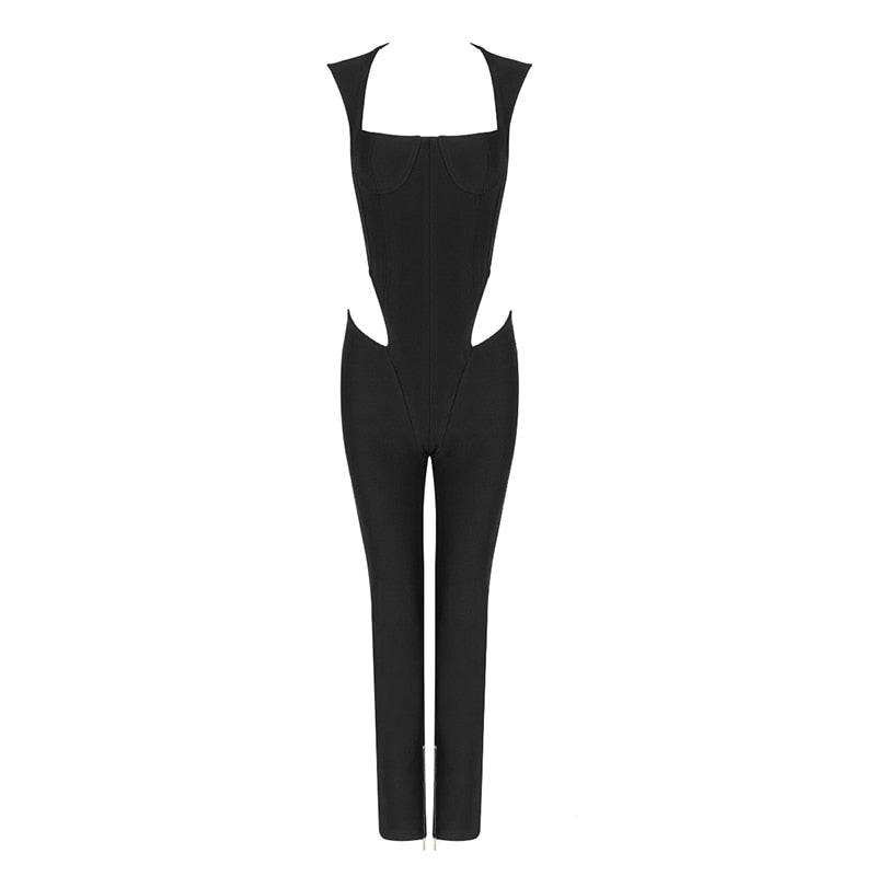 New Waist Hollow Design Square Neck Sleeveless Black Bandage Suit Women
