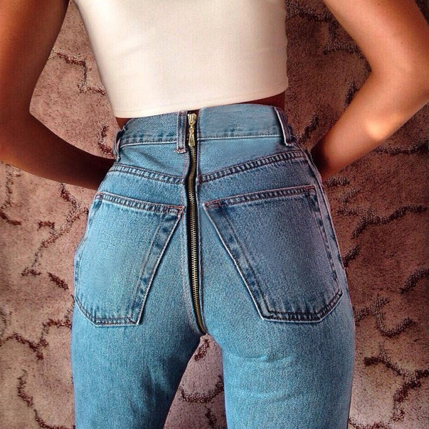 Sexy Back Zipper Long Jeans  Women Classic High Waist Skinny Pencil Light Blue Denim Pants  Elastic Stretch Jeans