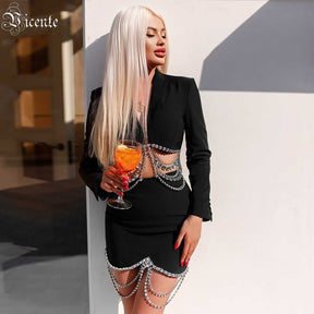 VC Two-piece Ladies Lapel Top 2 Colors Fashion Diamond-studded Chain Hollow Long-sleeved Suit For Women