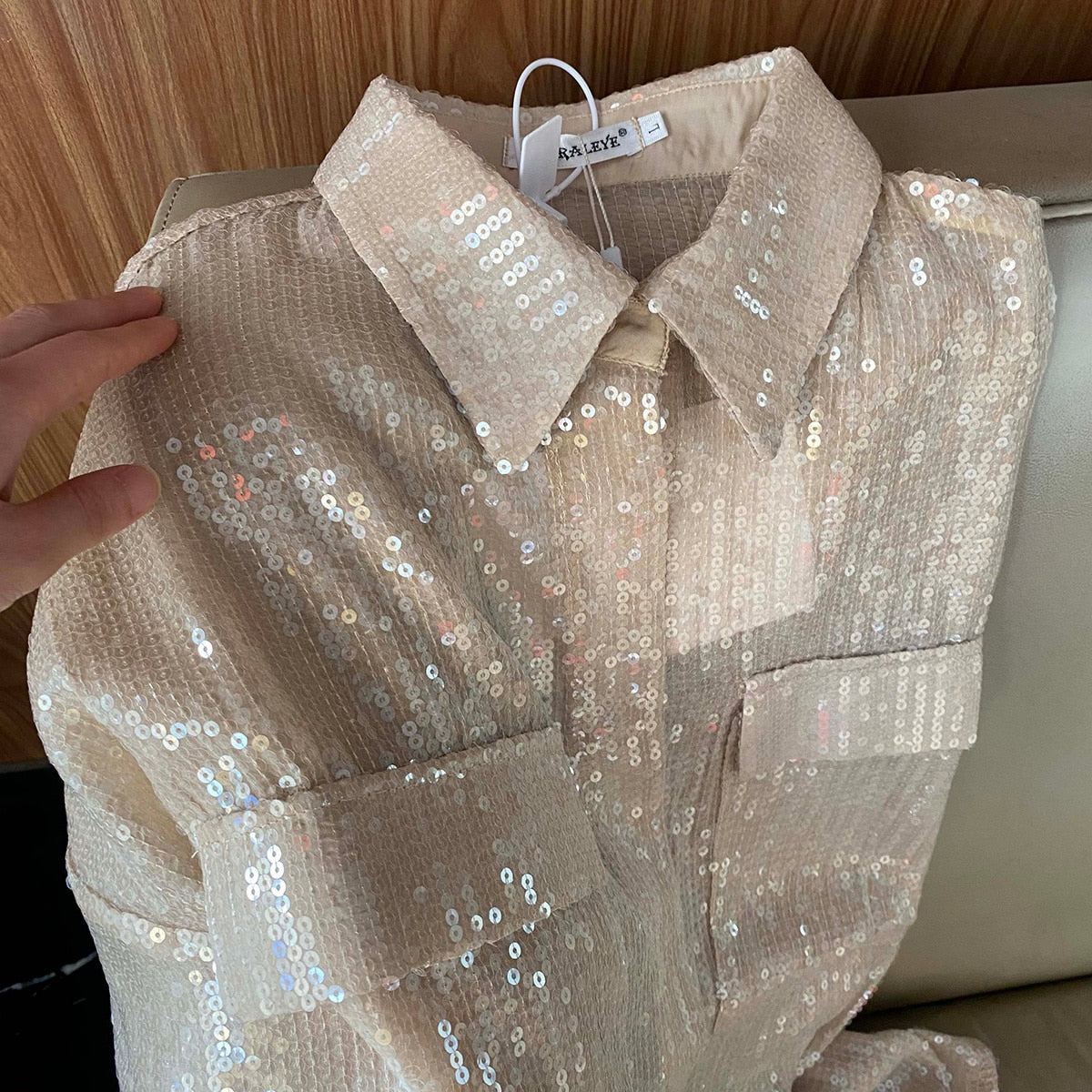 Fashion Week Champagne Sequin Glitter See-Through Clothes Luxury Design Transparent Yarn Blouse Mesh Sheer Pocket Shirt Women