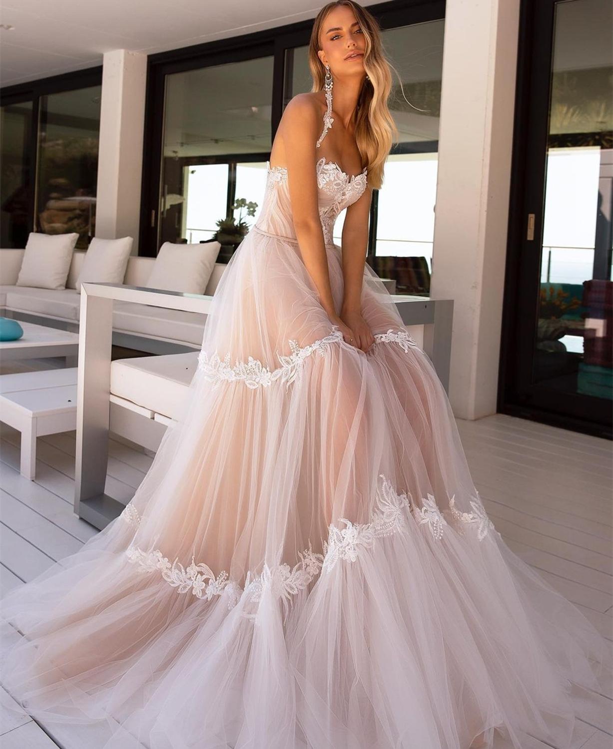 Wedding Dress Elegant Blush Pink Sweetheart Chapel Train Bridal Gowns Tulle Lace Appliques Robe De Mariee Unique Design