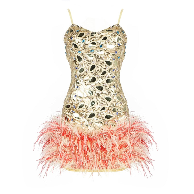 Dress For Women Pink Sequins Crystal Diamond Feather V-neck Sleeveless Suspenders Short Skirt Women