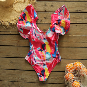 New Sexy Ruffle Tie Die Print One Piece Swimwear Women Swimsuit Shoulder Ruffle Bathing Suit Backless Beach Wear Monkini