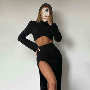 Elegant Fashion Long Sleeve Sexy 2 Pieces Skirts Sets Women Party Tracksuit Crop Top and Split Midi Skirts Matching Sets