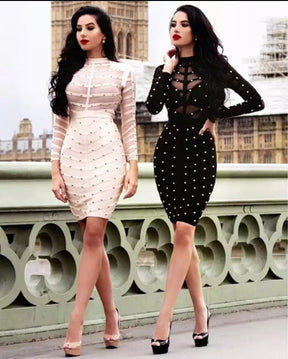 Women Black Dress Bandage Sexy Mesh Hollow Out Midi Beading