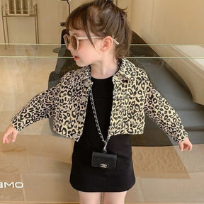 2022 Spring New Coat Dress 2 Pieces Set Leopard Print Jacket Black Dress Kids Girls Clothes Outfits