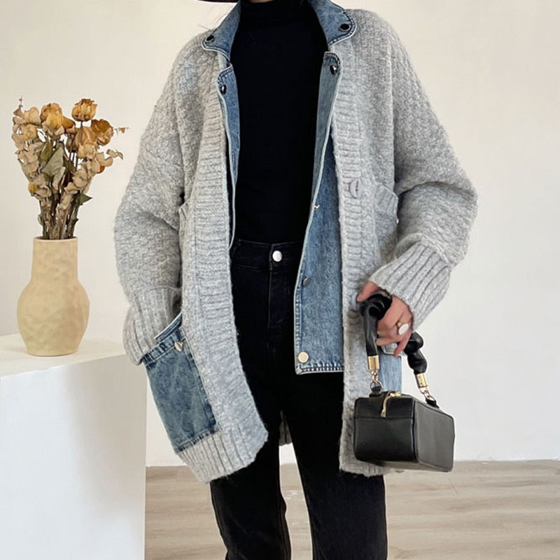 Denim Patchwork Knitting Cardigan Thick Sweater Loose Lapel Long Sleeve  Autumn Winter Female Fashion