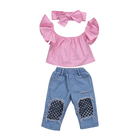 3Pcs Toddler Baby Girl Clothes Pink Off Shoulder Tops Ripped Denim Pants Jeans Headband Kids Summer Outfits Set