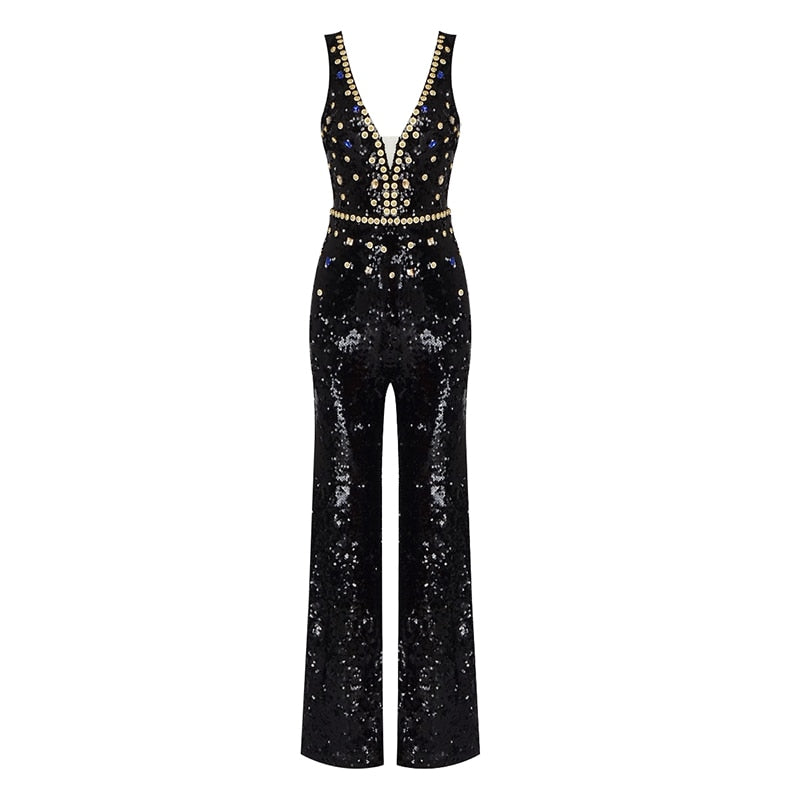 Pants Women Fashion Nail Drill Design Sexy Deep V-neck Sleeveless Black Sequined Jumpsuit