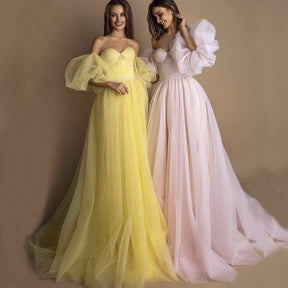 Sweetheart Pink Long Evening Dress Party Elegant 2022 Robe De Soiree Detachable Sleeves Yellow Prom Dresses With Belt