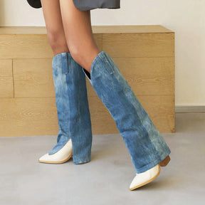Fashion Denim Knee High Boots Women Wedges High Heel Long Boots Slip On Pointed Toe