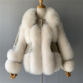 Genuine Sheepskin Leather Jackets With Fox Fur Winter Thick Warm Fashion Lady Coats Overcoats Luxury Big Fur Coat