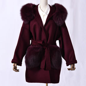 Cashmere Wool Coat with Fox Fur Hood Winter Big Fox Fur Pockets Belted Jackets Solid Color Coat Female Outerwear