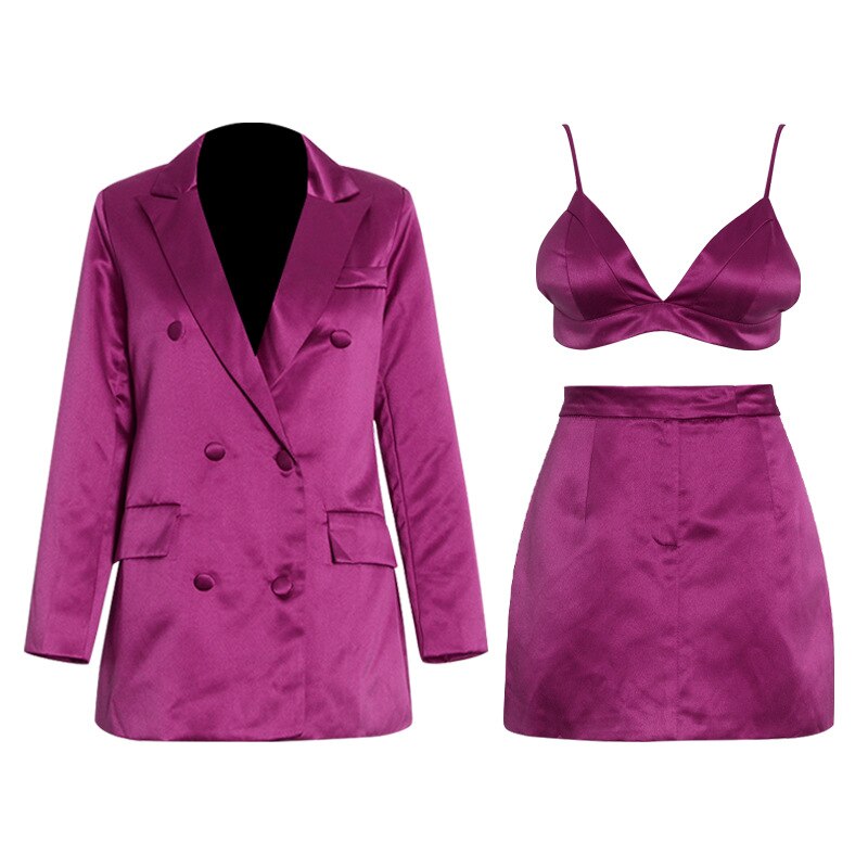 High Street 3 Pcs Sets Skirt Blazer Suits Elegant Purple Blazer Set Sexy V-neck Top &amp; High Waist Pencil Skirt Double-breasted Su