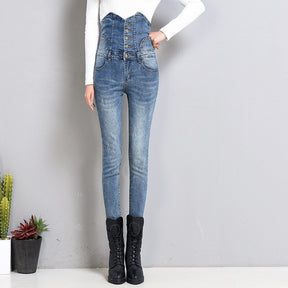 Velvet Womens High Waist Black Blue Skinny Jeans Fashion Fleece Warm Stretch 5 BUCKLES Pencil Denim Pant