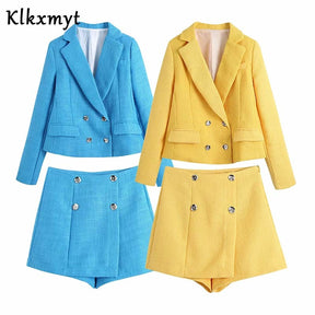 Two Piece Set Women Suit  Long Sleeve Texture Cropped Blazer Jacket With Shorts Office High Waist Shorts Sets