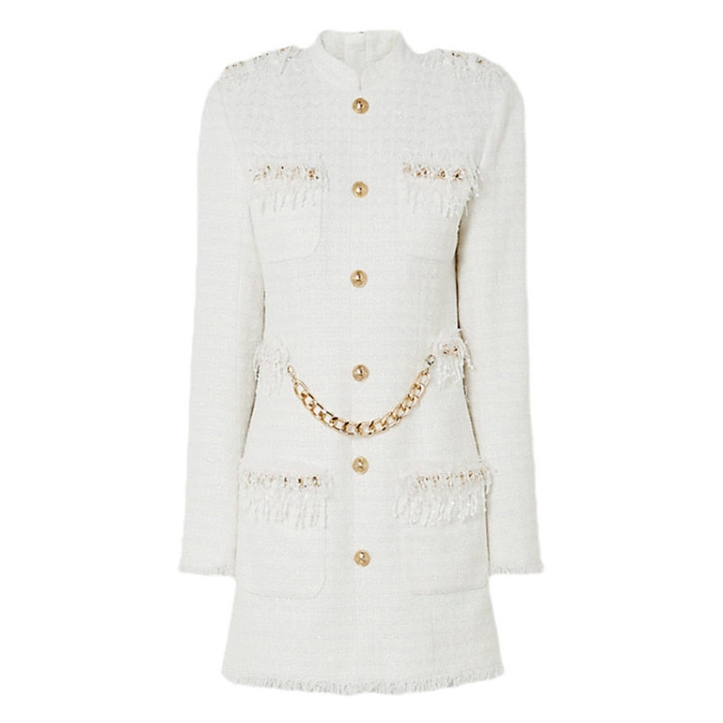 Winter New Gold Lion Button Tassel Chain Decoration Woven White Tweed Dress High Quality