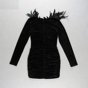 Dresses Women Feather Beaded Sequin Decorative Design Long Sleeve Draped Black V-Neck Short Velvet Dress