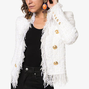 White Tweed Jacket suits Women New Autumn Winter woolen Cloth Fringed Tassel Long Sleeve