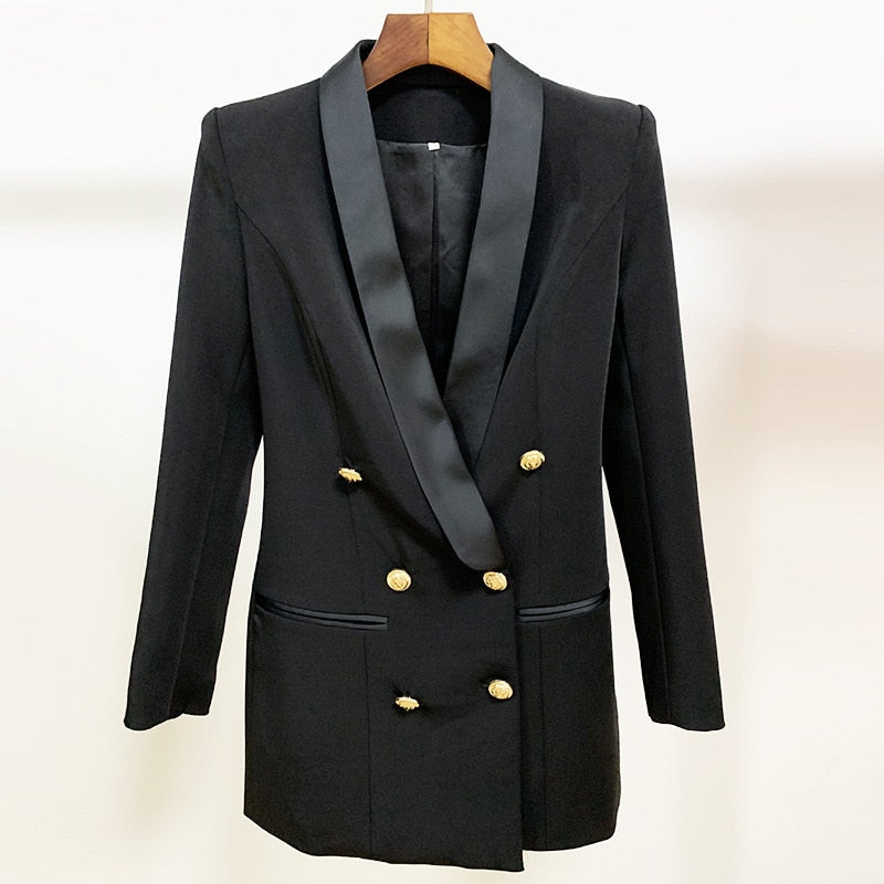 Double Breasted Golden Button Satin Shawl Collar Women Blazer Suit High Quality