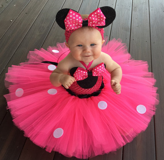 Baby Girls Pink Mickey Cartoon Tutu Dress Kids Crochet Dress with White Dots and Hairbow Children Birthday Party Costume Dresses