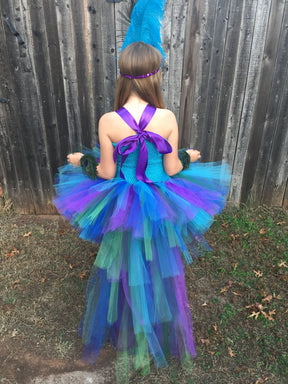 Girls Peacock Feather Trailing Tutu Dress Kids Crochet Tulle Dress with Flower Hairbow Children Cosplay Party Costume Dresses