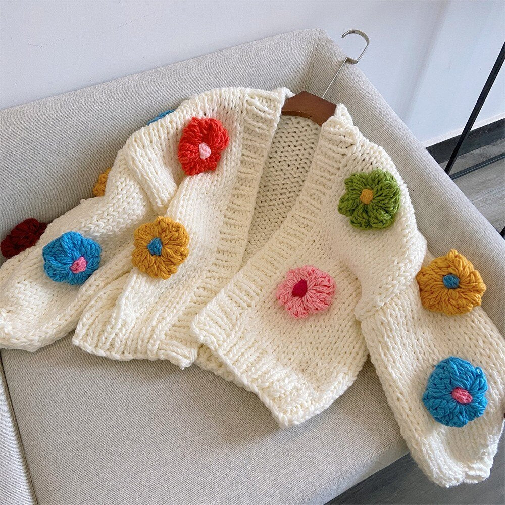 Fashion Women 3D Floral Handmade Sweater Cardigan Luxury Sweet Fall Winter Lantern Sleeve Knitted Loose Short Open Stitch