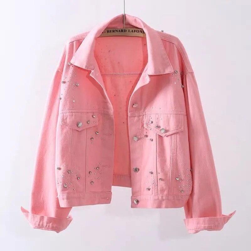 Denim Jacket Spring Autumn Short Coat Pink Jean Jackets Casual Tops White Purple Yellow Diamond Loose Outerwear