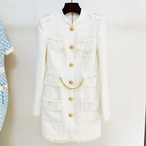 Winter New Gold Lion Button Tassel Chain Decoration Woven White Tweed Dress High Quality