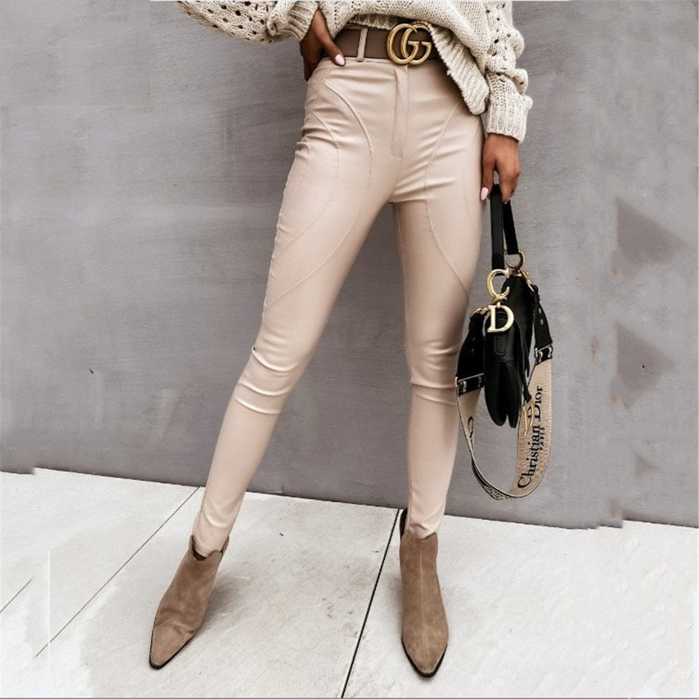Skinny Leather Pants Solid Casual Trousers High Waist Tight Pants Autumn Wild Sexy Office Lady  Elastic Trousers
