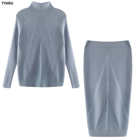 TYHUR Autumn Women&#39;s Knitting Costume Turtleneck Solid Color Pullover Sweater + Slim Skirt Two-Piece Set