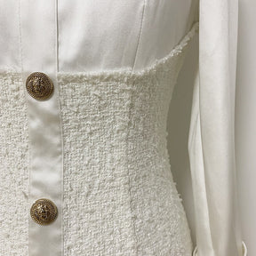 New White Long Sleeve Dress Autumn Winter Gold Button Buckle Pocket Satin Woolen Splicing Office Ladies Women Dress High Quality