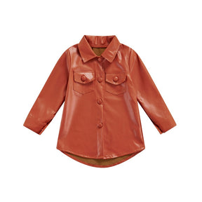 Lovely Girls Autumn Winter Dress Coat, Long Sleeve Lapel Collar Buttoned Thigh Long Leather Outerwear with Pocket 2-7Y
