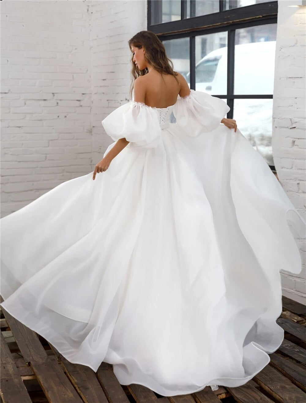 Sexy Organza Wedding Dresses For Women Detachable Puff Sleeves Elegant A-line Bride Dress Vestido de Noiva
