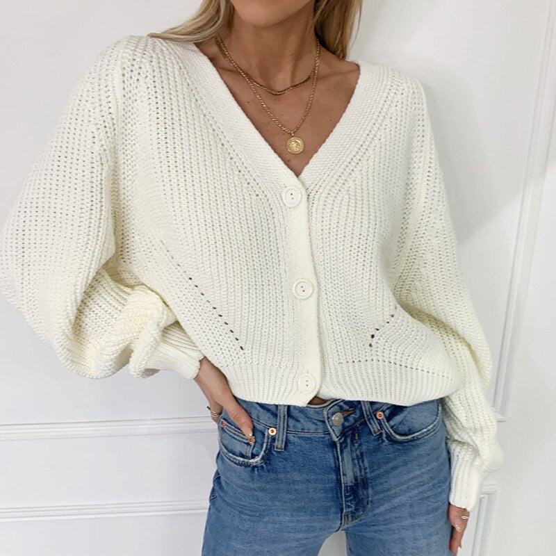 Knitted Cardigan Woman Women Sweater Autumn Winter Long Sleeve Loose Coat Casual Button Thick V Neck Solid Female Tops