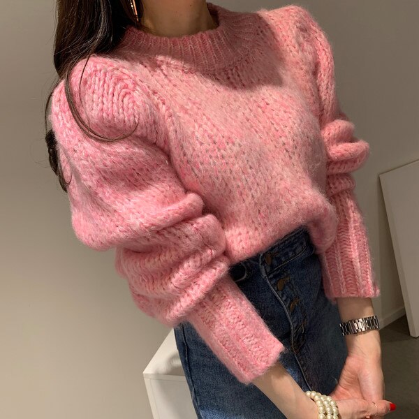 Mink cashmere Fashion Women Knitted Loose Pullovers Autumn Winter Green Hit Color Mohair Soft Warm Thick Sweater Jumper