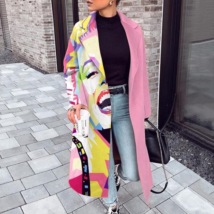 Long Wool Coat Women New Autumn and Winter Long Lapel Print Coat Women Long-sleeved Loose Windbreaker Coat