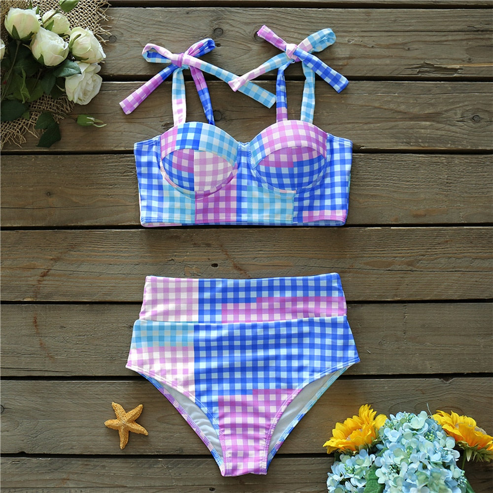 Colorful Plaid Bikini Set High Waist Swimwear Shoulder Strappy Bathing Suit Beachwear Biquini female