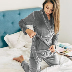 Velvet Warm Pajamas For Women Bathrobe Female Set Solid Pocket Long Sleeves Nightgowns Women Clothing Sleepwear Casual Robe Sets