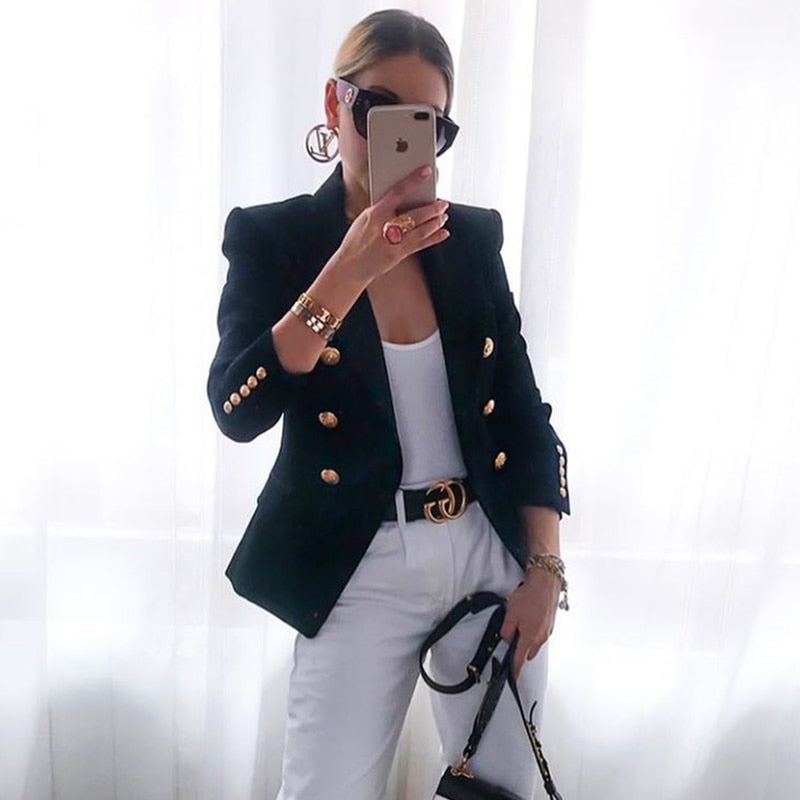 Women Blazers New Formal Female Jacket Classic Gold Double Breasted Button White Black Blazer Women High Quality