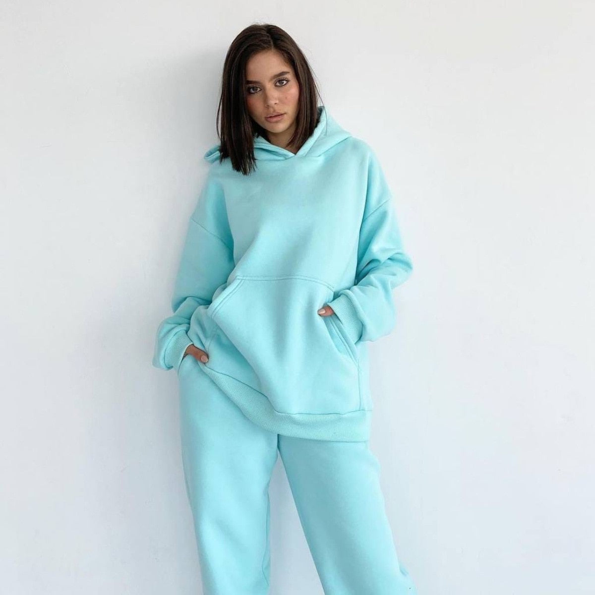 Two Piece Set Women Long Sleeve Oversized Hooded +Sport Pants Autumn Solid Tracksuit Casual Sportswear Suit Match
