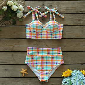 Colorful Plaid Bikini Set High Waist Swimwear Shoulder Strappy Bathing Suit Beachwear Biquini female