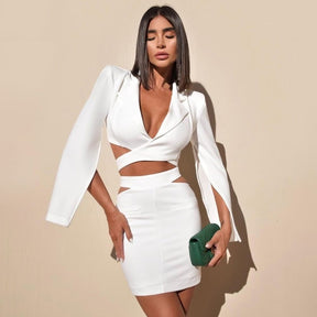 VC Short Skirt Two-piece Suit Cut Out At The Waist Cut Out Design Long Sleeves Lapel White Top