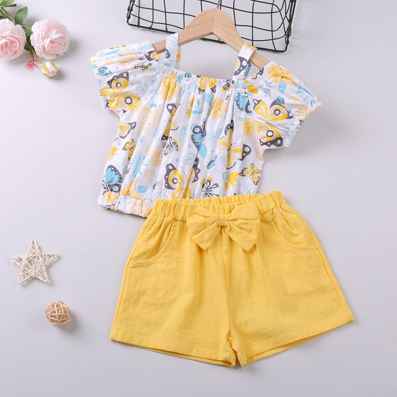 Summer Thin Suit Flower Sling Top+Denim Shorts 2Pcs Clothing Sets