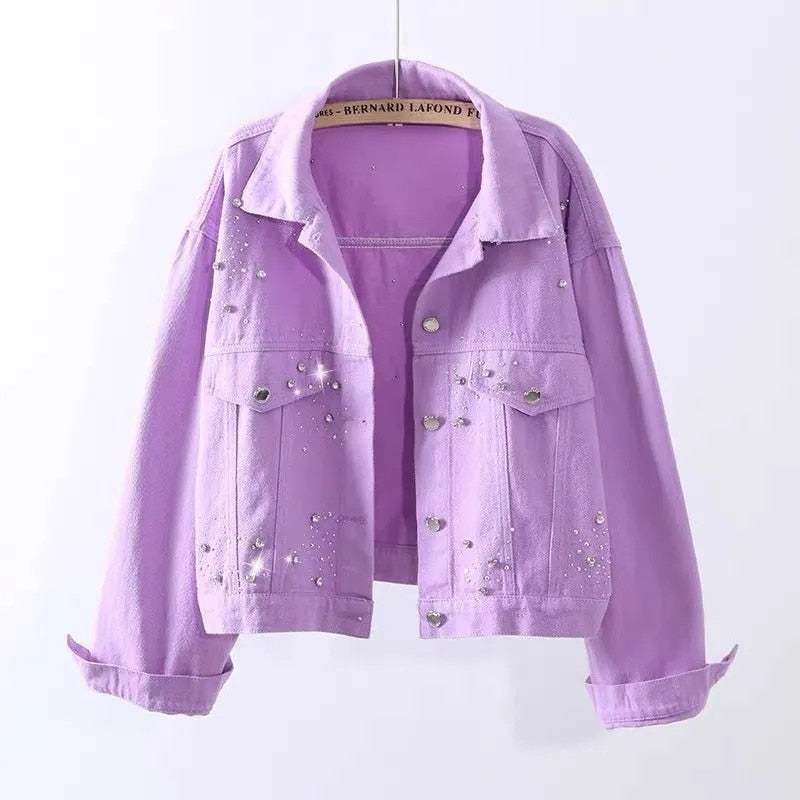Denim Jacket Spring Autumn Short Coat Pink Jean Jackets Casual Tops White Purple Yellow Diamond Loose Outerwear