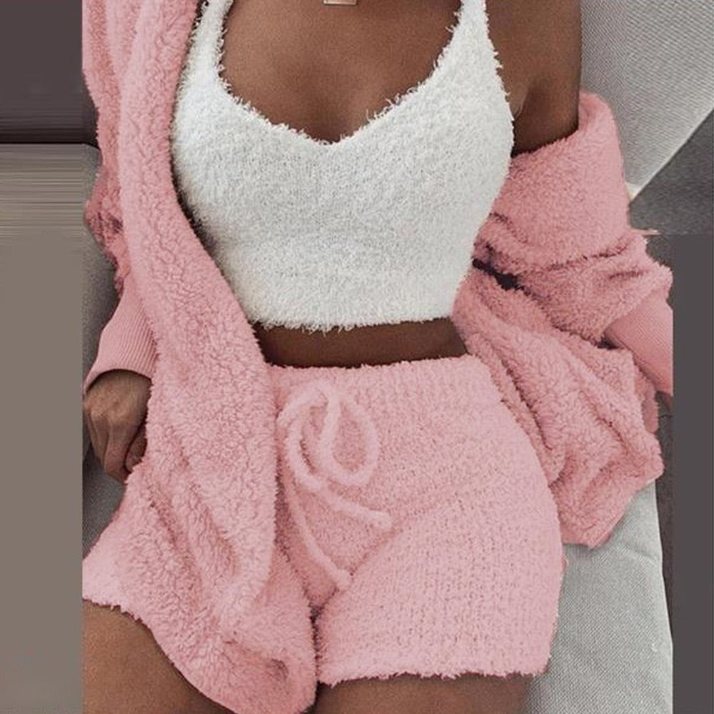 3PCS Pajama Set Women Sexy Fluffy Suit Velvet Plush Robe Set Soft Warm Sleeveless Sweater Loungewear